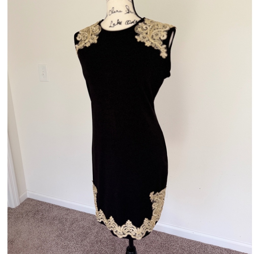 SHEIN Black Sheath Dress Gold Lace Applique Sleeveless Cocktail Dark Academia - Picture 6 of 14